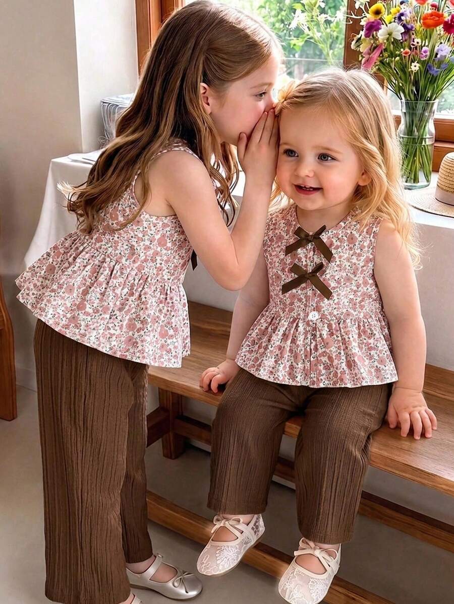 SHEIN Vintaside Kids 2件組女嬰幼兒/新生兒 0-3歲 春夏休閒甜美日常度假條紋梭織無袖背心上衣寬腿褲兩件套 - 咖啡棕 - 查看 1