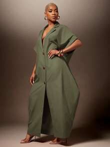 Vixey Woven Twill Notched Collar Deep V Drop Shoulder Quarter Sleeve Shirt Dress With Gold Button - Olive Green - View 4
