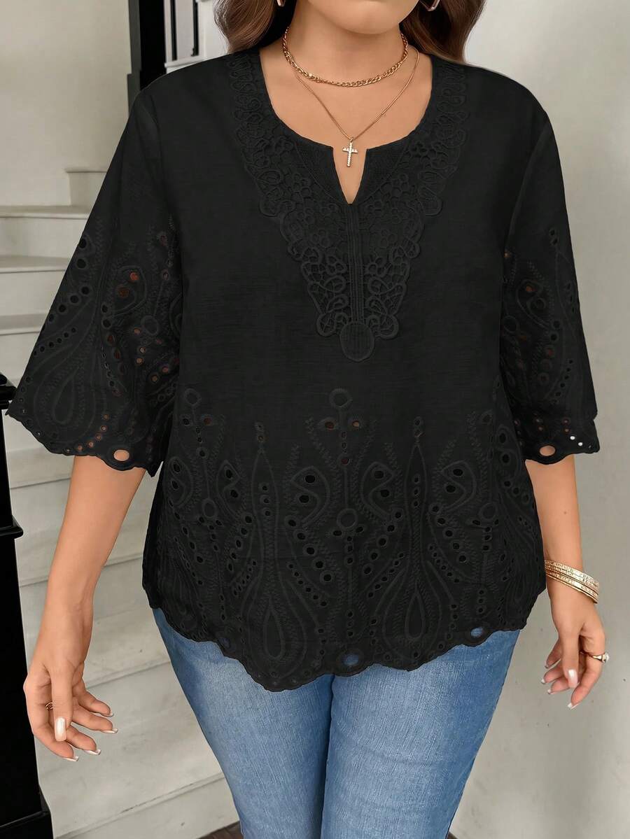Easowa Curve Plus Size Solid Color Hollow Embroidery Shirt - Black - View 1