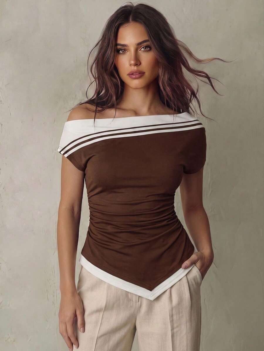 Franclia Contrast Color Asymmetric Hem Knit Sweater For Women, Casual Elegant Commuter Style, Shoulder Revealing, Slimming, Summer Brunch Brown Striped - Khaki - View 1