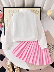 Elladie kids Tween Girls Sweet & Gentle 3D Handmade Crochet Bow Decor Pure White & Light Pink Contrast Vertical Ribbed Knit Soft Skin-Friendly V-Neck Single-Breast - Pink - View 3