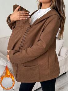 SHEIN Maternity Casual Thermal Lined Hooded 3-In-1 Jacket,Brown 3-In-1 Fleece-Lined Maternity Jacket For Autumn/Winter-Suitable For Various St - Brown - View 2