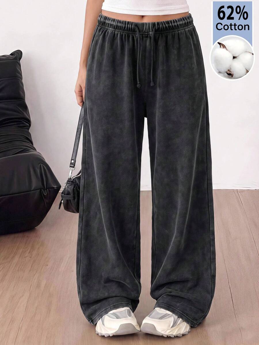 Teen Girls Sweatpants Autumn Washed Grey Sweatpants, American Retro Street Style, Suitable For Daily Wear And Back To School - Black - View 1