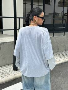 Muchica Kaos Rajut Putih Patchwork Ukuran Besar 2-in-1 untuk Musim Gugur Awal Kembali ke Sekolah, Berlapis Lengan Panjang Kasual Lembut untuk Kencan Malam Formal di Musim Gugur - Grey - View 2