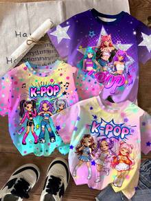 少女彩色酷炫漸層 K-Pop 超級巨星卡通女團印花圓領短袖基本款T恤，適合春夏，3件組 - 彩色 - 查看 8