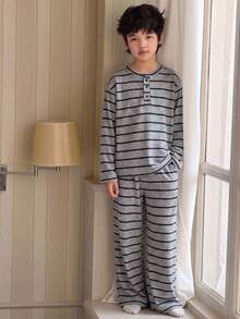 Dazy Kids 青少年男孩條紋鈕扣半開襟長袖上衣與長褲家居服 - 灰色 - 查看 5