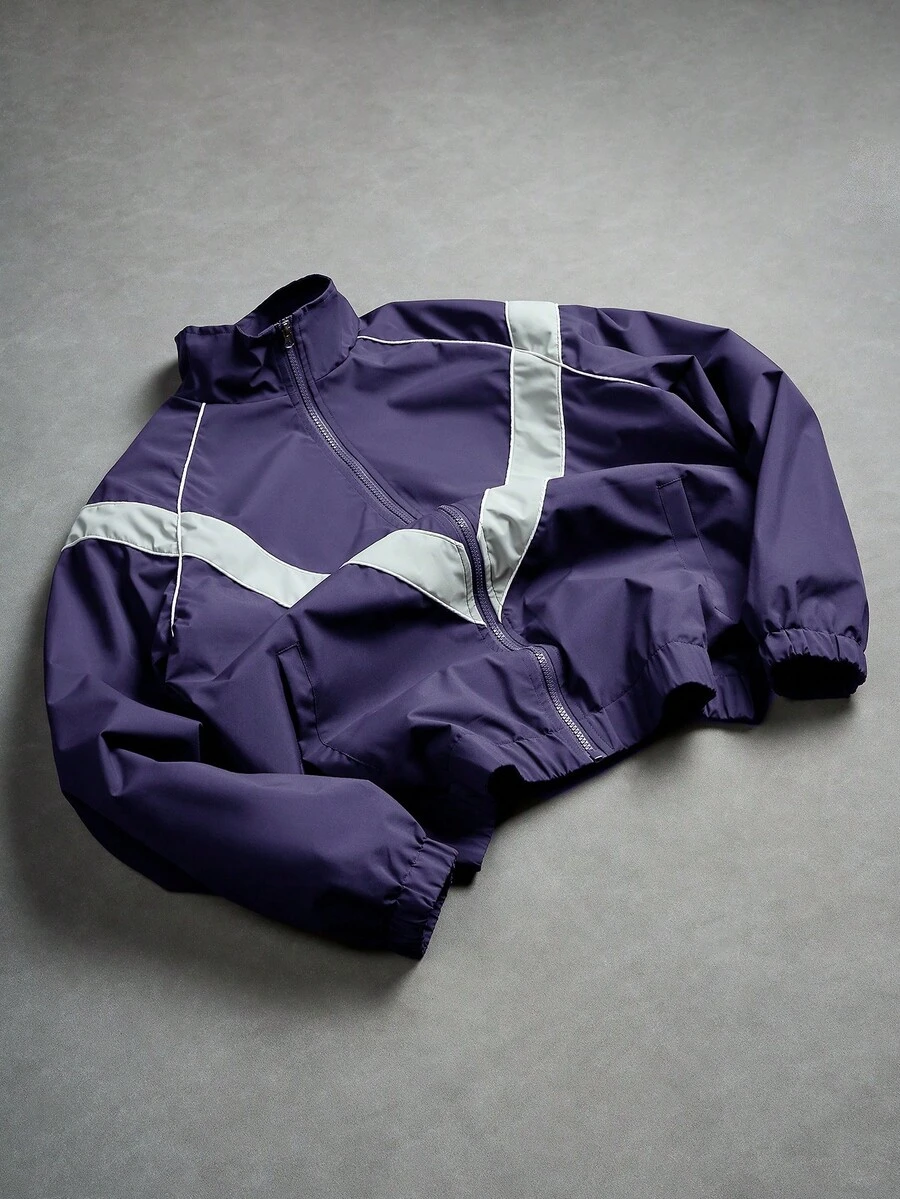 PAVTROS Men's Stand Collar Contrast Color Jacket Zipper Outerwear - Purple - View 1
