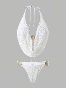 SHEIN Swim Setelan Liburan Pantai 3 Potong Wanita dengan Hiasan Kerang Logam, Atasan Tank Top Model Halter, Bawahan Bikini Segitiga, dan Rok Maxi Model Ikat. - Putih - View 4