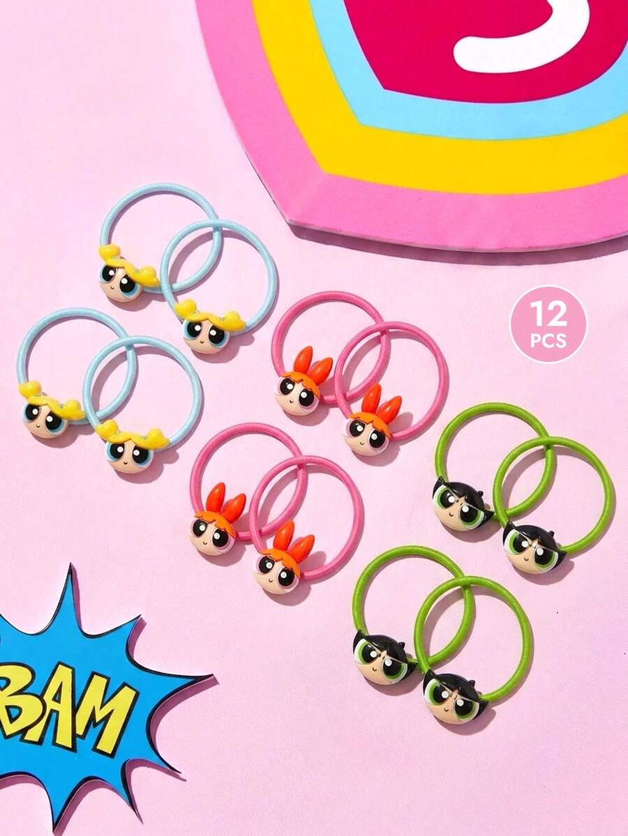 THE POWERPUFF GIRLS X SHEIN 12件組可愛卡通彈性髮圈,多色3D設計,強力固定不拉扯頭髮,馬尾髮圈髮帶 - 彩色 - 查看 1