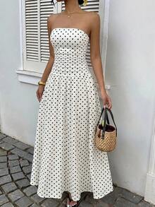 GalTyme Plus Size Polka Dot Print Strapless Casual Dress For Women - White - View 3