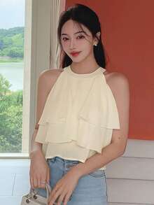 DAZY Solid Layer Ruffle Trim Chiffon Blouse,Crop Tops Women Going Out Tops - Beige - View 2