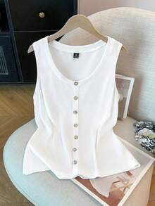 SHEIN CURVE+ Blusa sin mangas elegante y de moda con botones de perla para mujer - Blanco - Ver 5