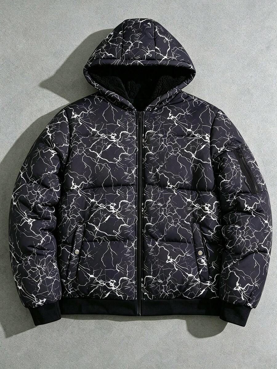 Manfinity Homme 男士全印花連帽拉鍊休閒日常冬季加厚棉襖外套 - 彩色 - 查看 1