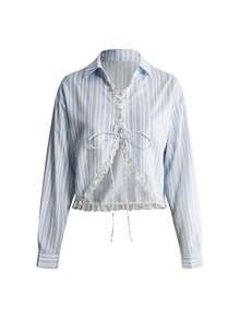 Sweetness 甜美休閒藍色條紋蕾絲飾邊寬鬆女款襯衫 - 彩色 - 查看 1
