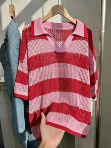 Comfortcana Plus Size Color Block Striped Hollow Knit Top Back-To-School Date Night Light Pink Summer 1920s 1950s Vintage - Red - View 5