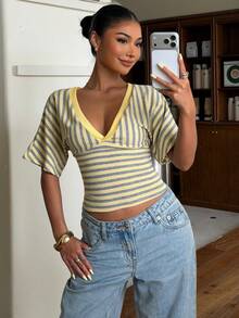 Muchica Yellow Striped V-Neck Short Sleeve Knit T-Shirt For Women,Summer Top Casual - Yellow - View 3