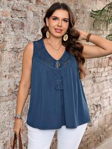 EMERY ROSE Plus Size Women's Summer Casual Vacation Lace Patchwork Tank Top - Dusty Blue - View 6