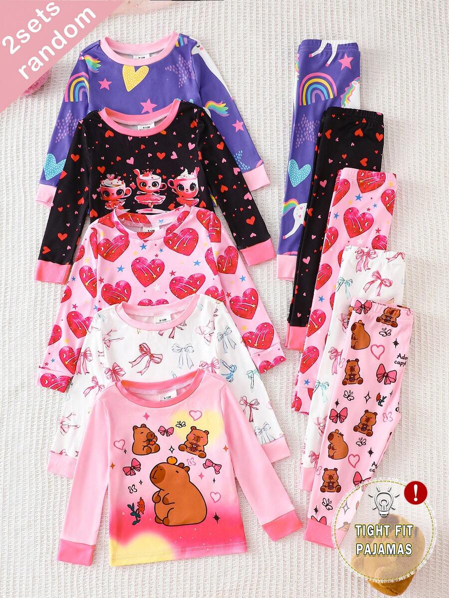 SHEIN 5件套随机发货,2件套女婴4件套长袖针织紧身裤套装,粉色、紫色、黑色、白色,卡通、熊猫、独角兽、彩虹印花,简约休闲舒适柔软家居服,四季皆宜 - 彩色 - 查看 1