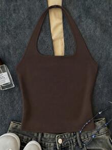 Tween Girls Brown Basic Long Casual Halter Neck Top, Suitable For Summer, Slim Fit Tank Top - Coffee Brown - View 3