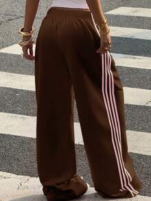 Muchica Women's Casual Brown Cotton Blend Knitted Wide Leg Sweatpants - Brown - View 2