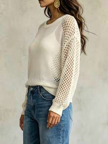 Linhara CURVE 1 buah Sweater Rajut Kasual Wanita Ukuran Plus, Leher Bulat, Raglan, Berongga, Lengan Panjang, Model Pendek, Modis, Cocok untuk Perjalanan Sehari-hari dan Liburan, Cocok untuk Musim Semi dan Musim Panas - Krem - View 6