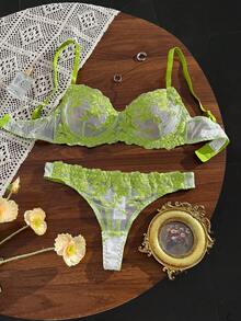 SHEIN 粉色浪漫女款鋼圈內衣內褲套裝 2件組 - 綠色 - 查看 3