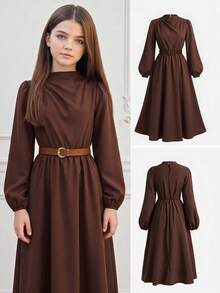SHEIN Girlism Teen Girls Dresses, Early Autumn Casual Elegant Black Print Waist-Cinching Dress, Suitable For Daily Outfits, Graduation Season Events Teachers' Day - Brown - View 1