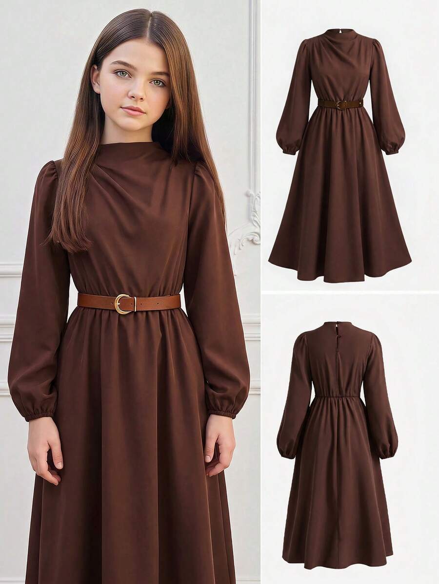 SHEIN Girlism Teen Girls Dresses, Early Autumn Casual Elegant Black Print Waist-Cinching Dress, Suitable For Daily Outfits, Graduation Season Events Teachers' Day - Brown - View 1
