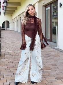 Jeta Ari Dark Brown Autumn Seductive Date Women's Lace Patchwork Strapless Blouse,Long Flared Ruffle Sleeve,Front Fish Bone Line Divider,Halter Long Tie - Brown - View 3