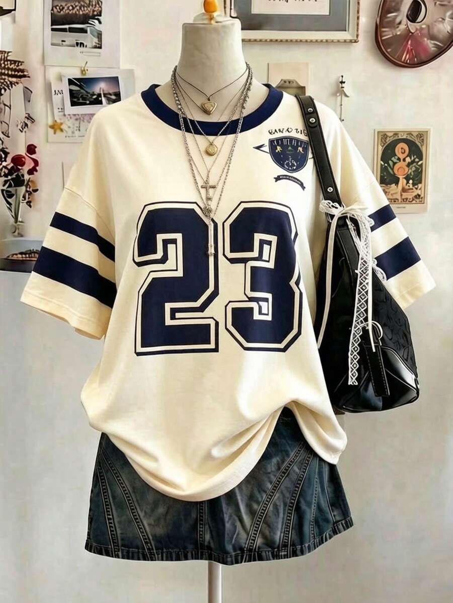 Lalippa 數位印花圓領落肩寬鬆短袖T恤 - 彩色 - 查看 1
