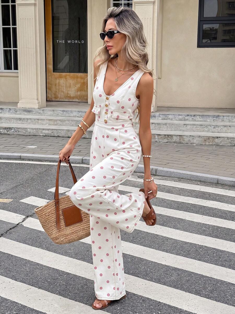 SHEIN EZwear 女款波點印花休閒日常牛仔連身褲 秋季優雅前扣式上班連身褲 - 白色 - 查看 1