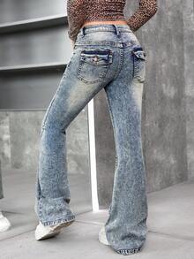 SHEIN Girlism Pantalones acampanados de mezclilla azul retro para adolescentes - Azul lavado medio - Ver 2