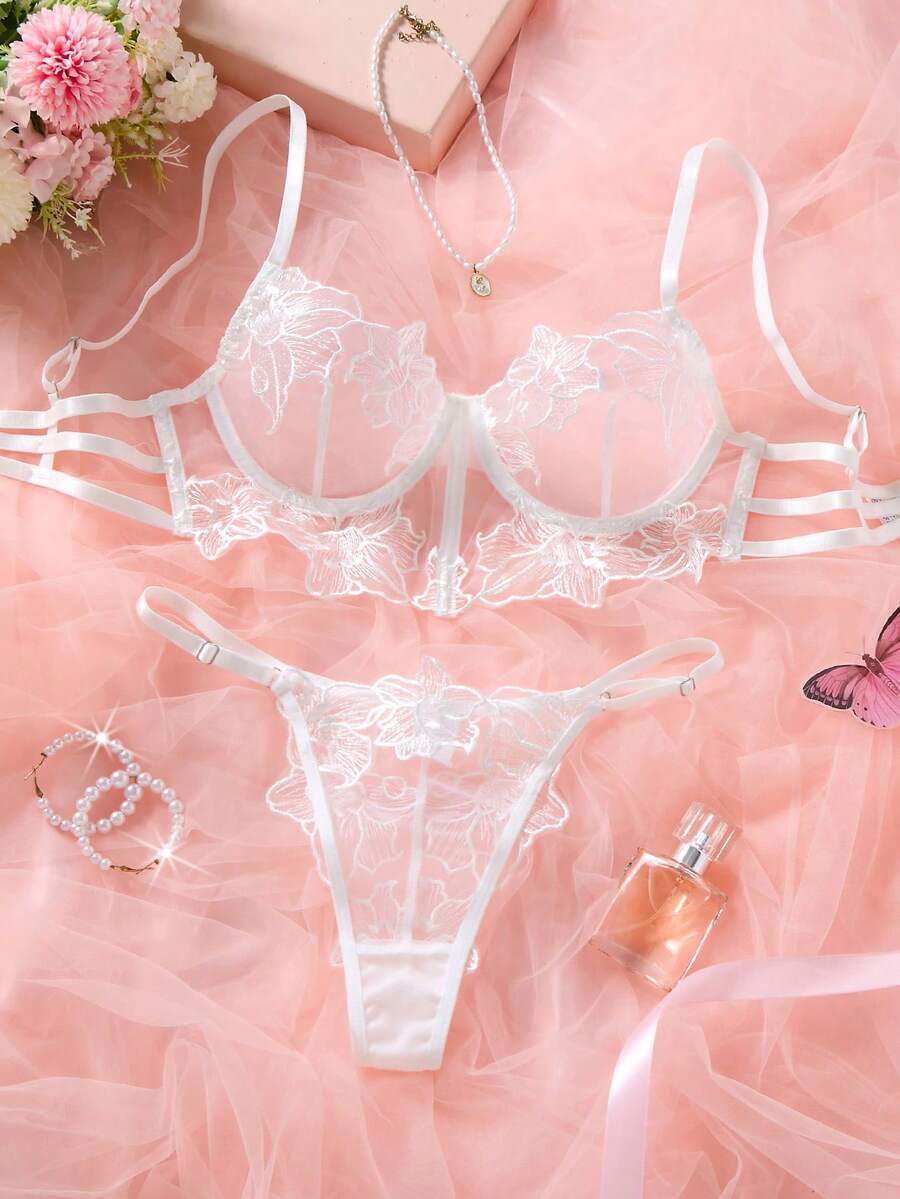 SHEIN Esselle 2件組女款裸色性感內衣套裝 - 白色 - 查看 1