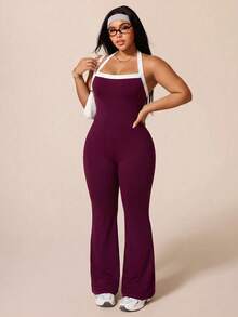 SHEIN Rhythm Era Women's Plus Size Sports Yoga Outdoor Gym One-Piece Jumpsuit Strapless Camisole Spaghetti Strap Contrast Color Straps Spaghetti Strap Style Leggings Flare Pants Tight Fit - Red Violet - View 8