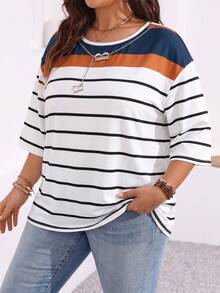 SHEIN LUNE CURVE 大尺碼女款條紋拼色休閒日常短袖T恤 - 彩色 - 查看 5