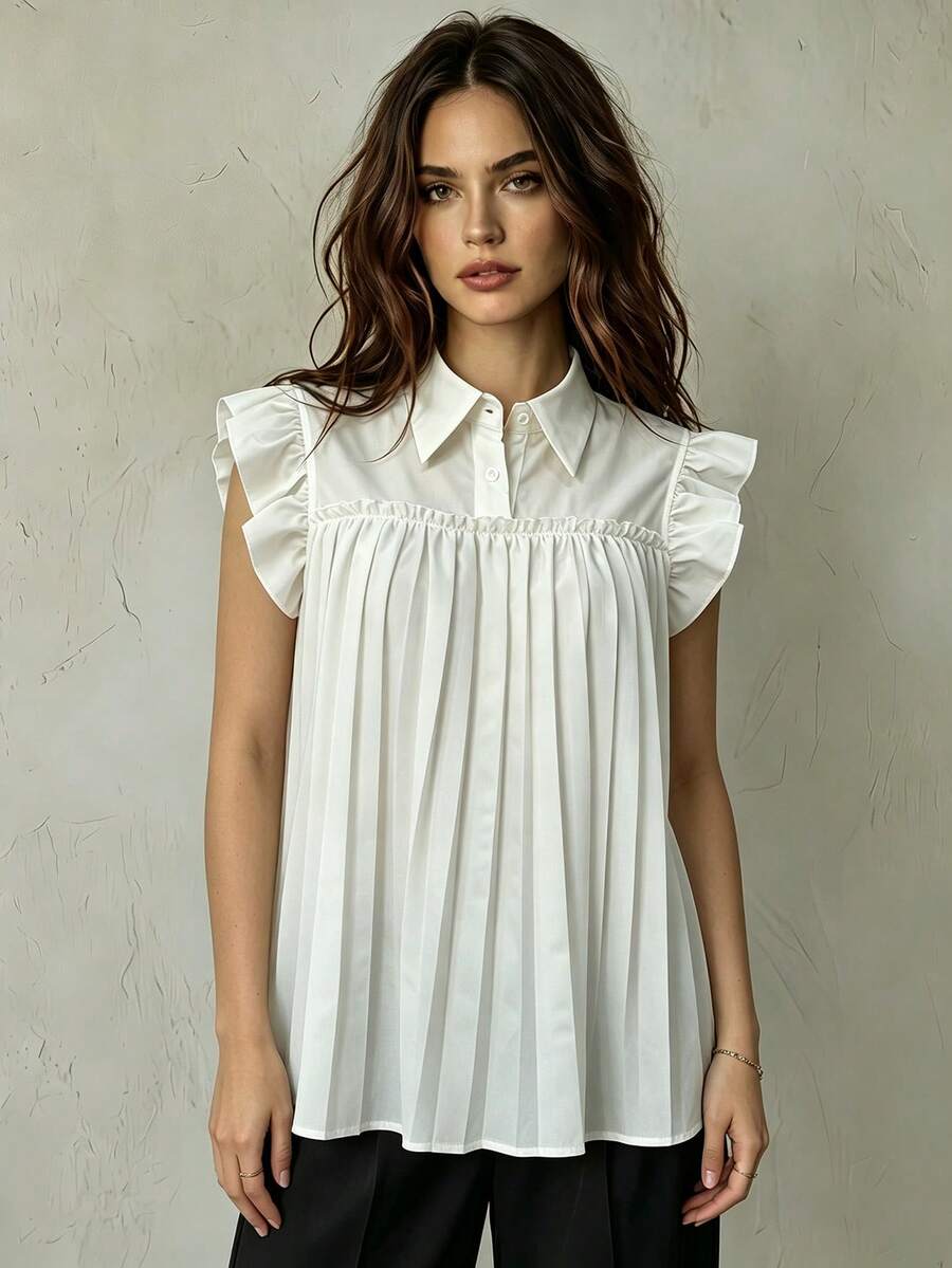 Franclia Blusa de gasa blanca con cuello de polo delicado, estilo francés - Beis - Ver 1