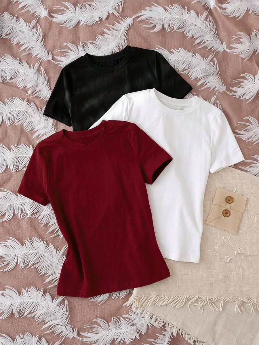 SHEIN 少女纯色短袖T恤，简约日常穿搭