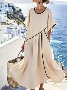 Linhara CURVE Damen-Kleid in großen Größen mit Farbblockdesign, sommerliches lässiges Urlaubs-Maxikleid, lockeres Boho-Strandkleid mit Rundhalsausschnitt, lässig-elegant mit Rüschenärmeln, locker gerafftem Volantrock - Khaki - Übersicht 8