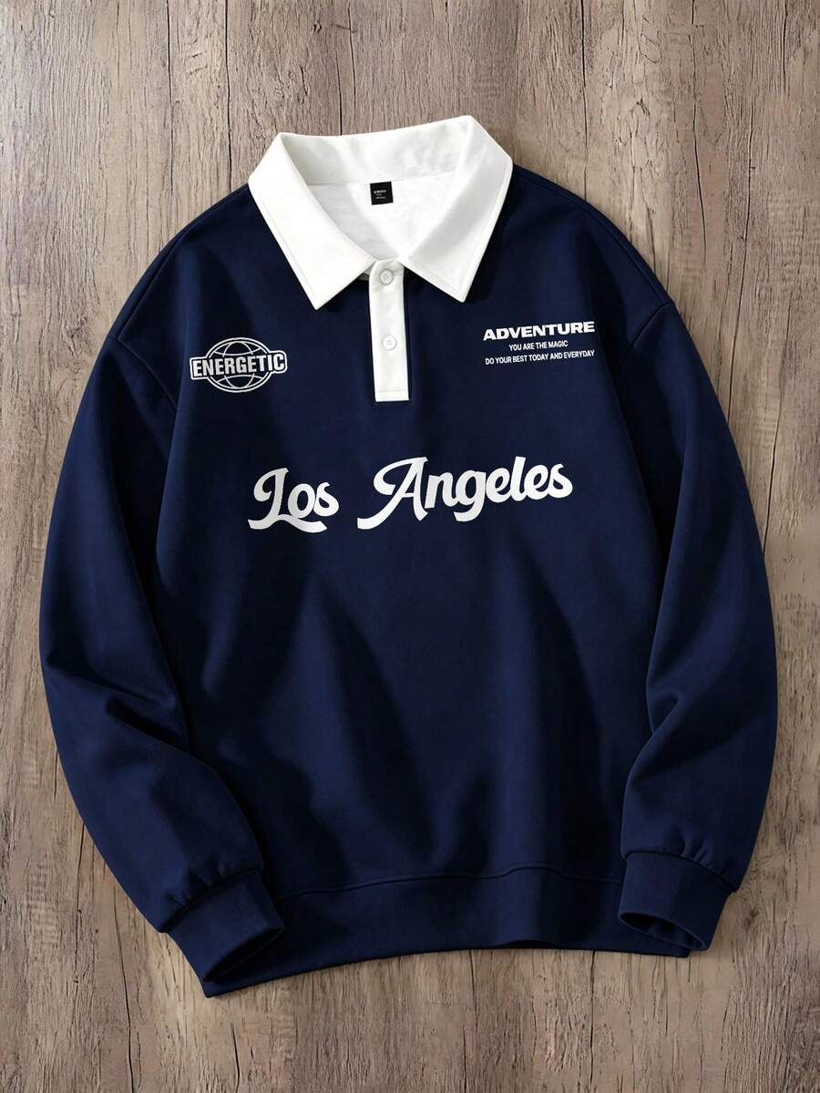 Manfinity Joysei Sudadera de cuello con botones y estampado de letras en colores contrastantes para hombre - Azul Marino - Ver 1