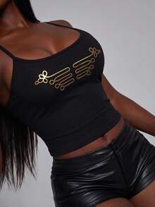 Amplova Black And Gold Foil Spaghetti Strap Sleeveless Fitted Military Style Vintage Sexy Criss-Cross Backless Women's Mini Tank Top Club Night Out Summer - Black and Gold - View 12