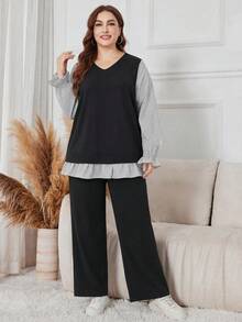 Lacomfia Autumn/Winter Elegant Loose Versatile V-Neck Pullover Floral Sleeve Patchwork Waist-Cinched Drape Pants Plus Size Women 2-Piece Set - Multicolor - View 3