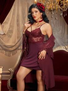 PinupPomp Women Elegant & Sexy Solid Color Lace Patchwork Spaghetti Strap Nightgown & Robe Set - Maroon - View 4