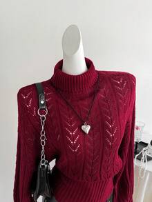 Elamini Burgundy Hollow Out Turtleneck Sweater, Women Batwing Long Sleeve Ribbed Hem Going Out Date Autumn Elegant - Burgundy - View 5