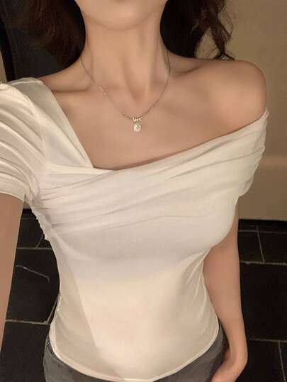 DAZY Women's Korean Style Minimalist Delicate Mesh Patchwork Off-Shoulder Top, Versatile Chic Blouse For Summer Going Out Tops Women