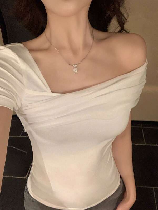 DAZY 여성용 한국 스타일 미니멀리스트 섬세한 메쉬 패치워크 오프숄더 탑, 여름 외출용 다용도 시크 탑 여성 얇은 의류