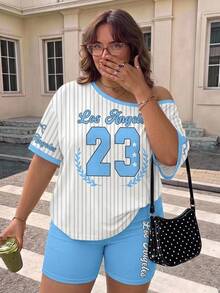 SHEIN CURVE+ 大尺碼條紋數字印花T恤與短褲2件套，適合球類運動 - 彩色 - 查看 9