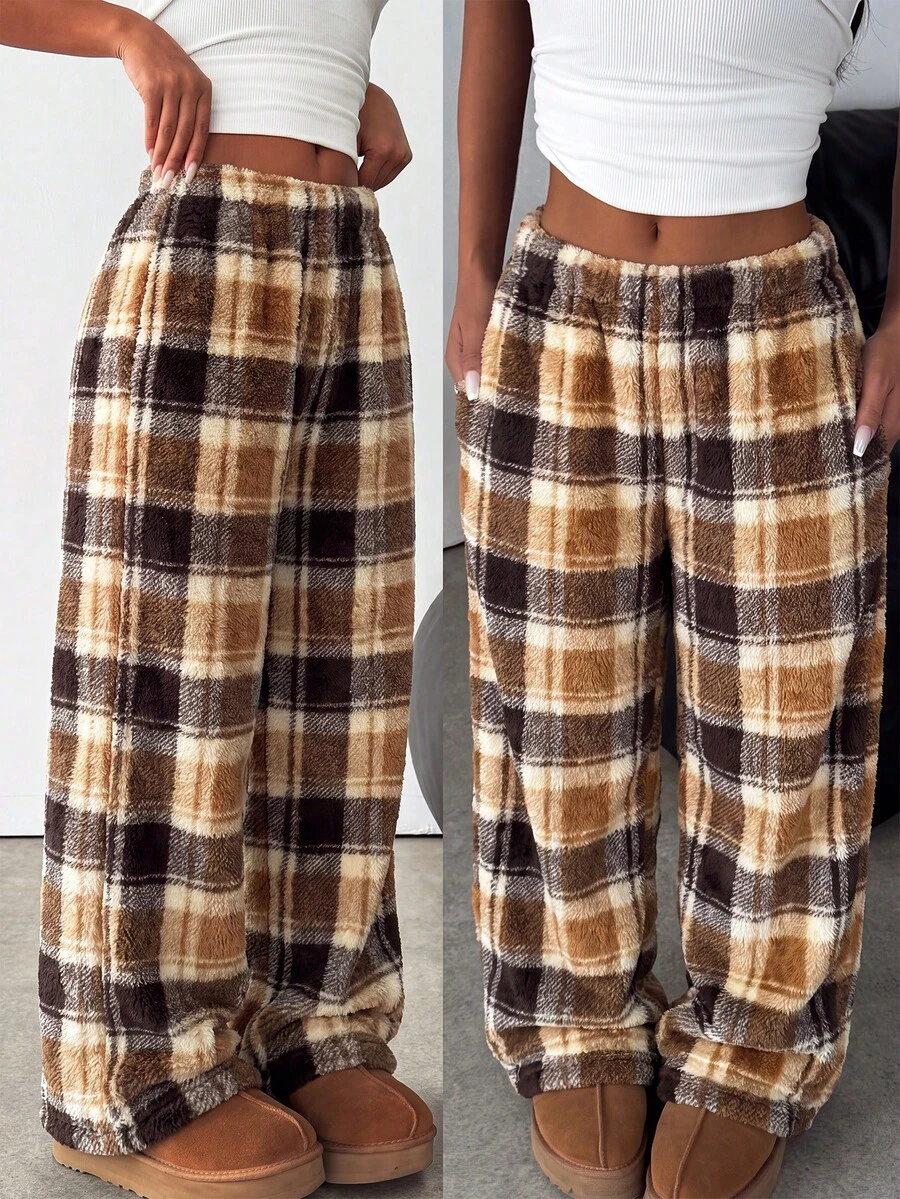 SHEIN Tween Girl Plaid Loose Casual Versatile Drawstring Pocket Wide Leg Sweatpants Tween Girl - Khaki - View 1