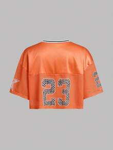 SHEIN Tween Girls' Fashion Sports Casual Street Style Orange Mesh Numeric Pattern Baseball Jacket, Suitable For World Cup, Sports Events, Music Festivals - Orange - View 2