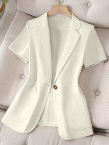 Franclia Asymmetric Pocket Single Button Lapel Short Sleeve Blazer - Beige - View 5