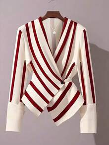Franclia Women's Red Striped Contrast White Cross Tie Design Casual Daily Commute Outing Valentine's Day Date Long Sleeve Shirt - Multicolor - View 3